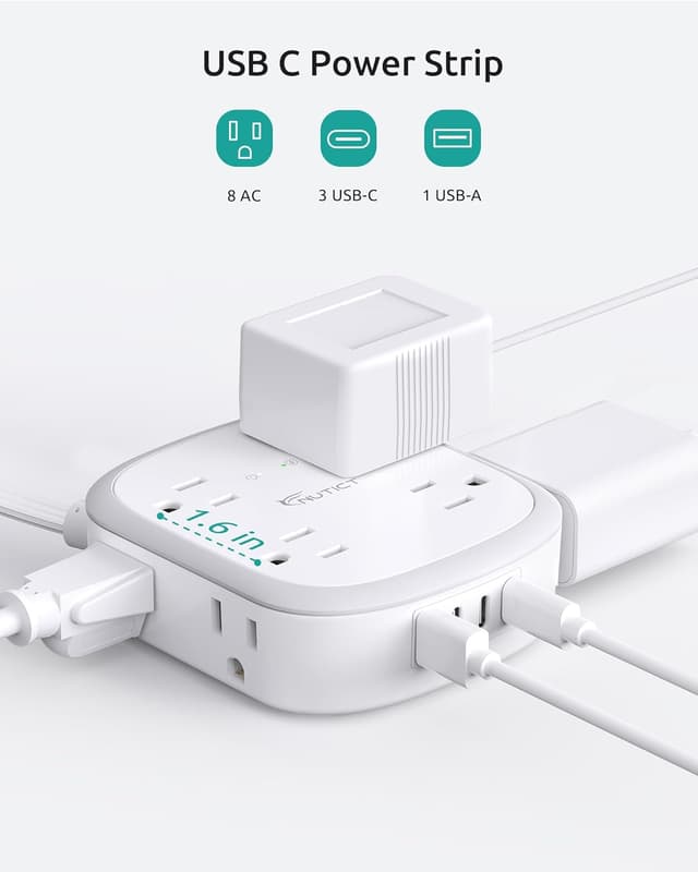 Detalle de NUTICT Outlet Cover Extension Cord Flat 6ft with 8 Outlets and 3 USB-C + 1 USB-A Surge Protection (White)