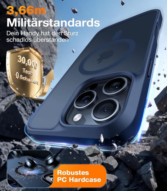 Detalle de TORRAS Guardian-Mag Hülle für iPhone 16 Pro mit MagSafe – Guardian-Mag Schutzcase in edlem Matt Blau