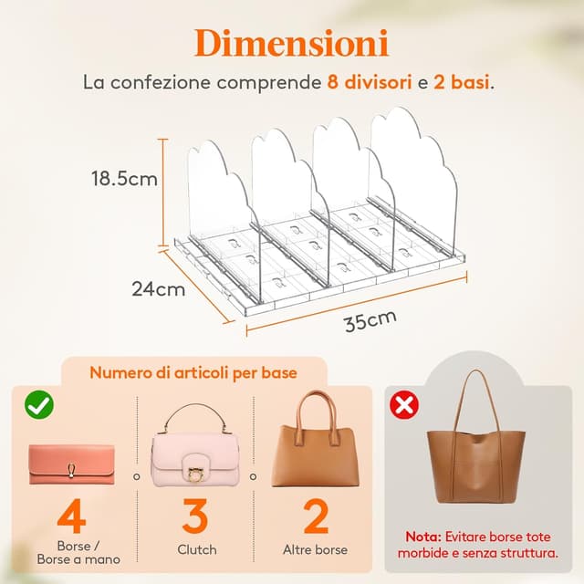 Detalle de Lifewit divisori per borse da armadio in plastica – set regolabile da 2 organizer trasparenti