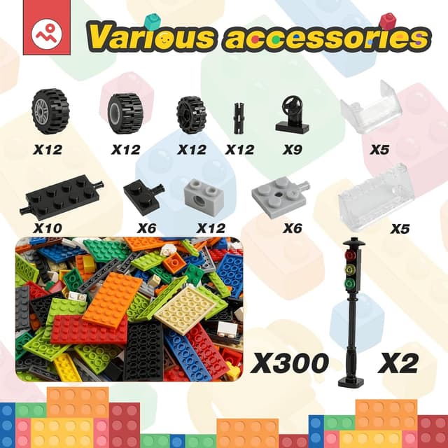 Detalle 2 de HUIZDQ 150er-Set Räder und Achsen + 300er-Paket Bauklötze (Bausteine) für 9 Spielzeugautos ab 6 Jahren