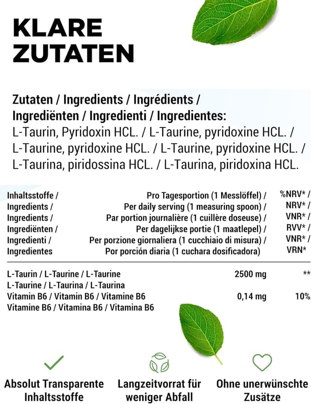Detalle de vit4ever Taurin Pulver 1.000 g (1 kg) – 99% rein, vegan, mit Dosierlöffel