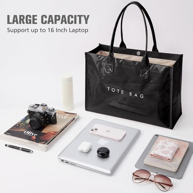 Detalle de KALIDI PVC Tote Bag with Kraft Paper Look, Top Handle Work Handbag