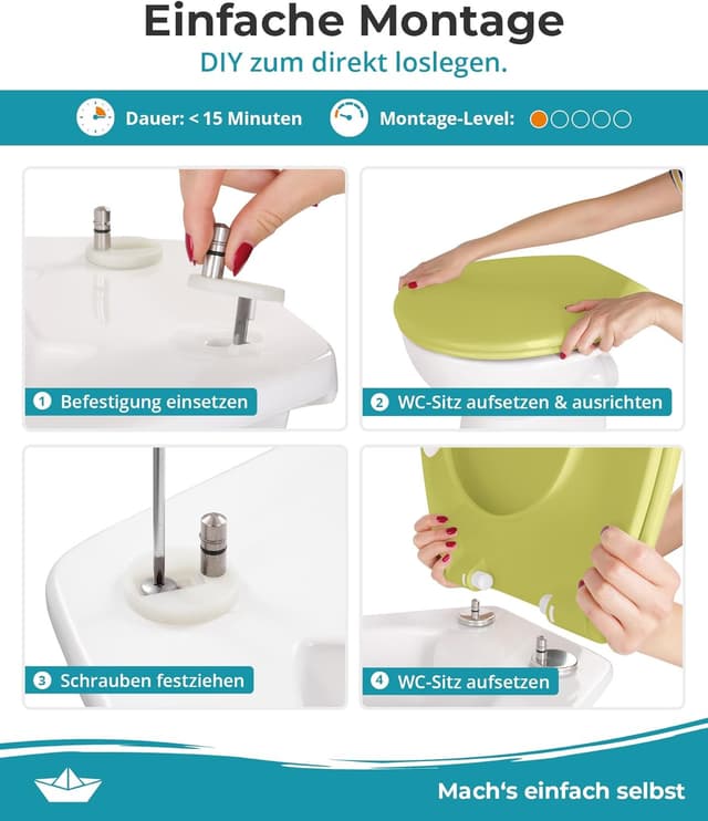 Detalle de Calmwaters® Premium WC Sitz „einfache Montage“ – antibakterieller Duroplast, Absenkautomatik, bis 250 kg, Oliv-Moosgrün