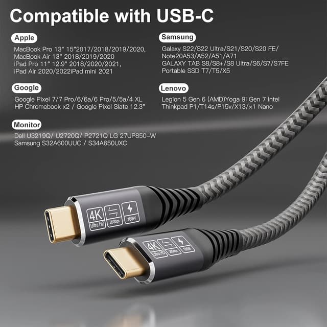 Detalle de CAKOBLE USB‑C auf USB‑C Kabel (0,5 m) – USB 3.2 Gen 2, 20 Gbps, 100 W Schnellladen und 4K@60 Hz