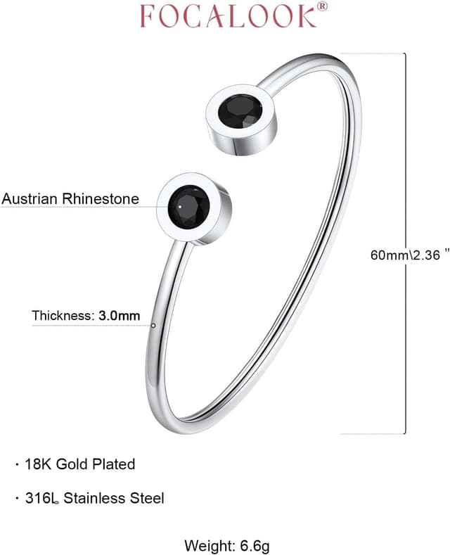 Detalle de FOCALOOK Armband für Damen aus Edelstahl mit offenen, verstellbaren Geburtsstein-Elementen (Silber/Gold)