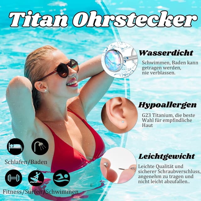Detalle de Titan Ohrstecker G23 mit Schraubverschluss und Zirkonia (3/4/5 mm) – hypoallergen für Damen, Herren & Kinder