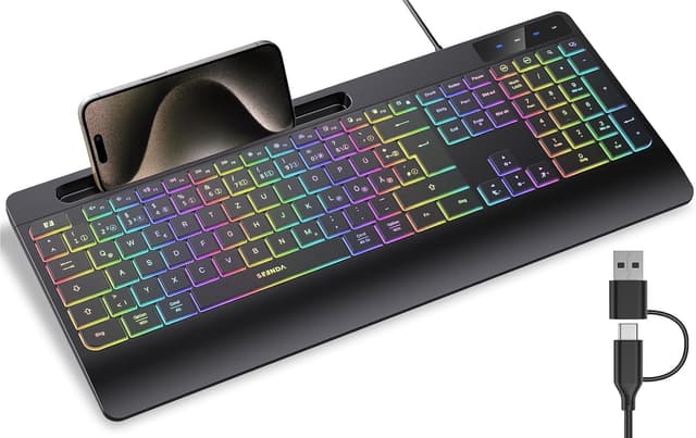 Detalle de seenda KOE200 kabelgebundene beleuchtete Tastatur mit USB-A- & USB-C, ergonomisch mit Handgelenkauflage