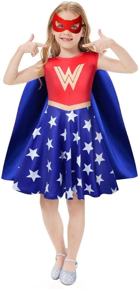 Detalle de AOOWU Disfraz Wonder Niña 🦸♀️ Vestido con Capa y Máscaras