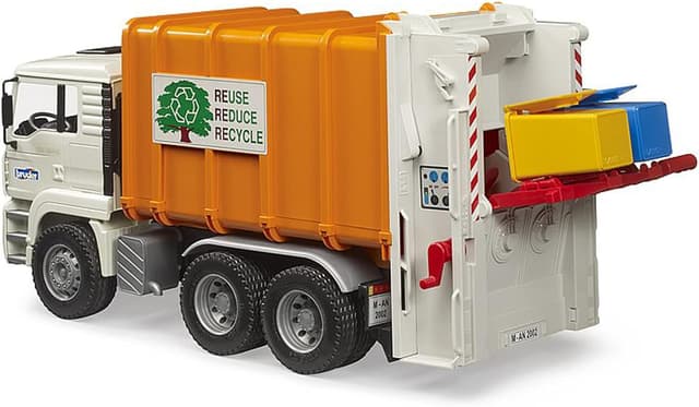 Detalle de Bruder MAN TGA Rear Loader Trash Truck (1:16 scale) with Functional Bin Lift, Rear Compactor & Tilting Cab