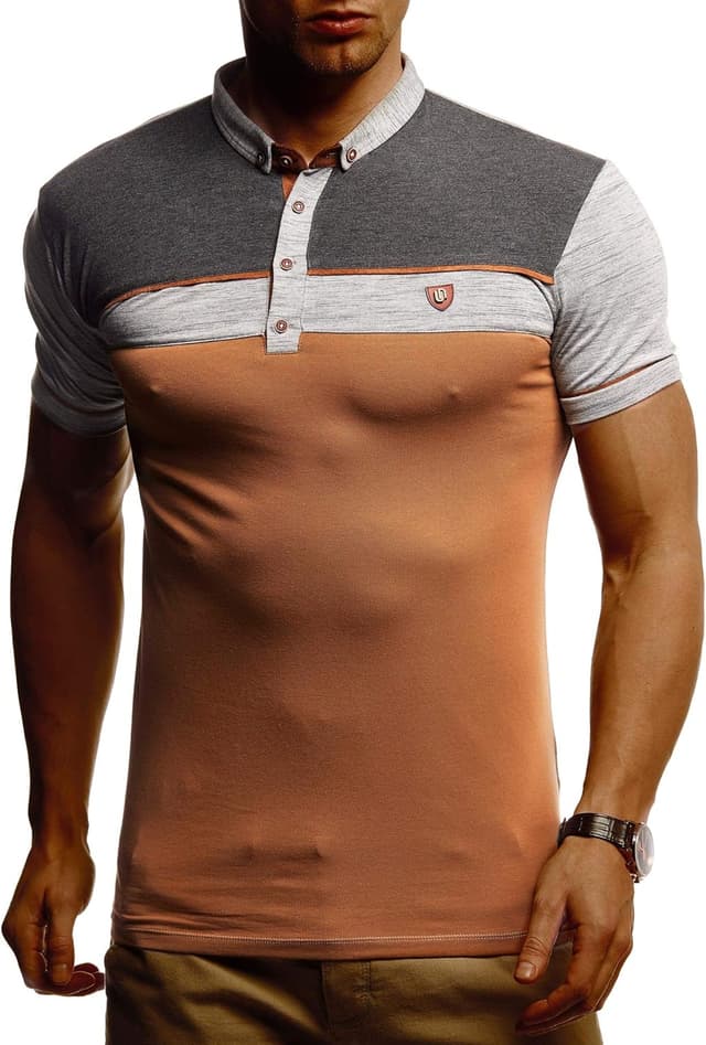 Detalle de Leif Nelson LN1420 : t-shirt à col polo homme en coton, coupe ajustée (noir/blanc, gris mélangé) jusqu’à XL