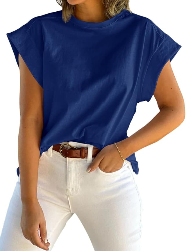 Detalle de Tankaneo Women’s Cap Sleeve Tank Top with Crew Neck — Solid Loose-Fit Casual Tee