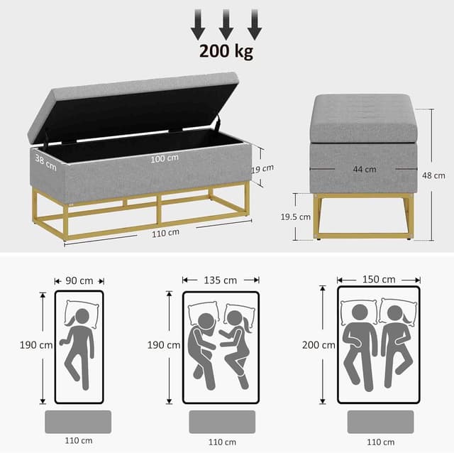 Detalle de HOMCOM Banc de Rangement Bout de lit 110x44x48 cm Gris doré