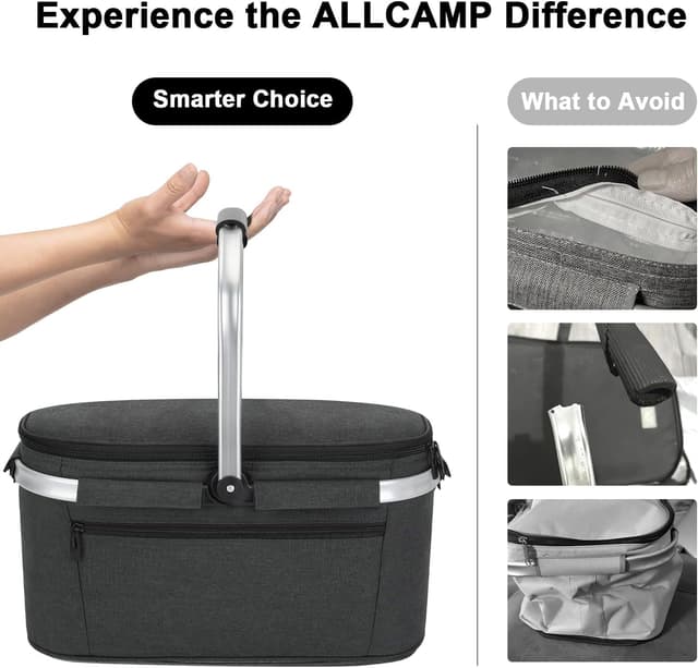 Detalle de ALLCAMP Groß faltbare isolierte Kühltasche mit Picknickkorb-Einsatz – Thermo-Einkaufskorb für 2 Personen