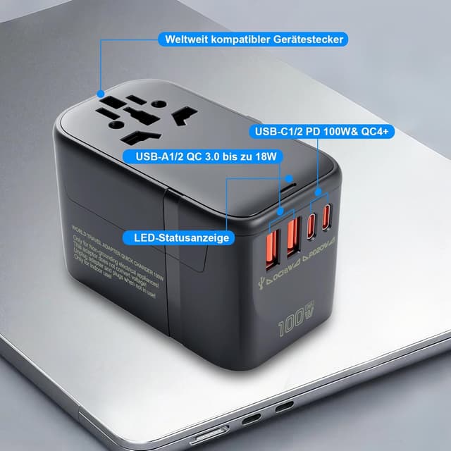 Detalle 2 de Reiseadapter Weltweit 100W – 5-in-1 Universal GaN Reisestecker mit 3×USB‑C & 2×USB‑A für EU/UK/US/AU