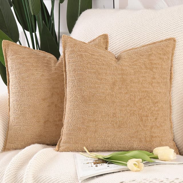 Detalle de Madizz 2er Set Chenille Samt Kissenbezüge mit Rand-Dekor Beige (50x50 cm)