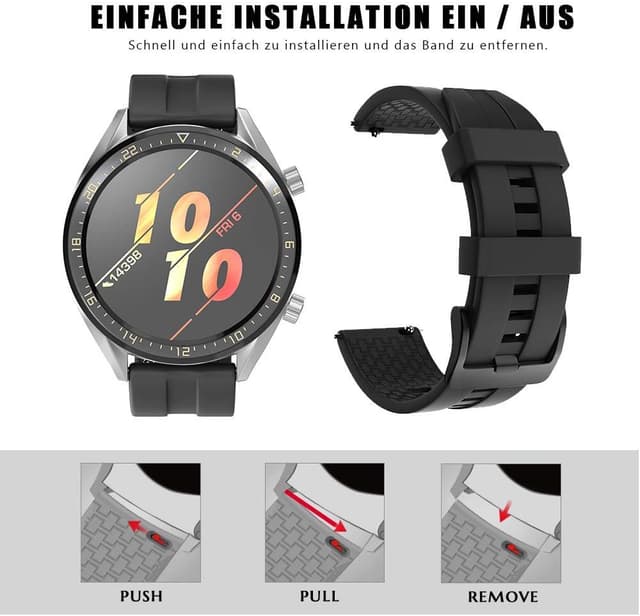 Detalle de 22-mm Silikon-Uhrenarmband (kompatibel u. a. mit Huawei Watch GT 46 mm & Samsung Galaxy Watch 46 mm) – Sportband für schnelles Wechseln