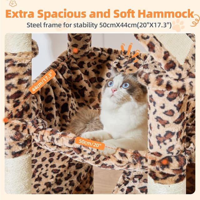Detalle 2 de Taoqimiao 180 cm Kratzbaum groß mit 2 Katzenhäusern, Hängematte, Korb und 8 Kratzsäulen (Leopardenmuster)