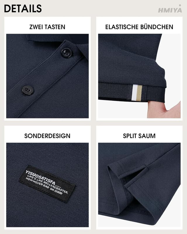 Detalle 2 de HMIYA Herren Poloshirt Kurzarm mit Knopfleiste – Cotton-Polyester Polohemd für Sommer, Golf & Alltag
