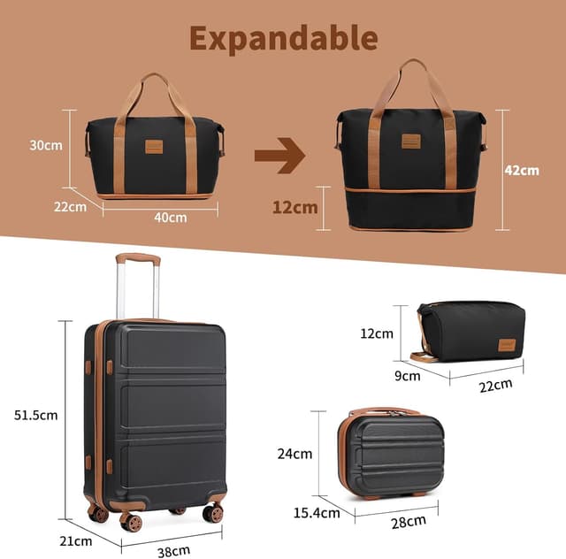 Detalle 2 de KONO 4-tlg. Reisekoffer-Set (55 cm Handgepäck) mit Beautycase & Kulturbeutel in Schwarz/Braun