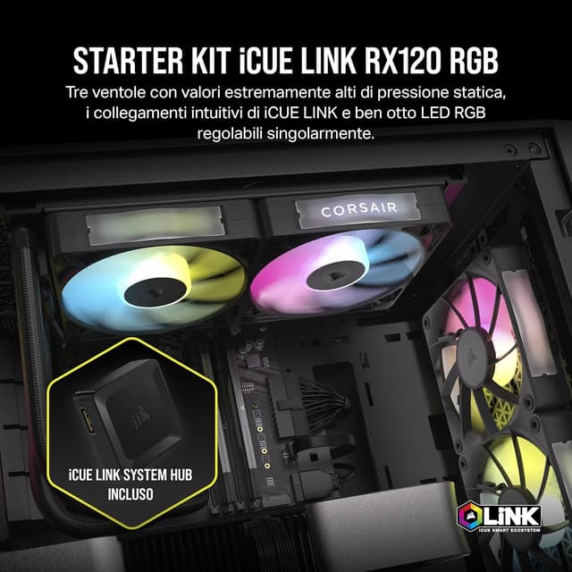 Detalle de CORSAIR iCUE LINK RX120 RGB da 120 mm con Hub iCUE LINK e PWM, tripla confezione nera