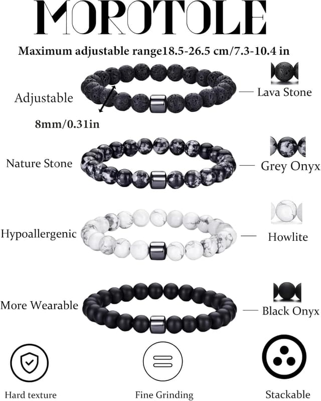 Detalle de MOROTOLE Herren-Armband-Set mit 8 mm Tigerauge & Lavastein (Stretch, Naturstein)