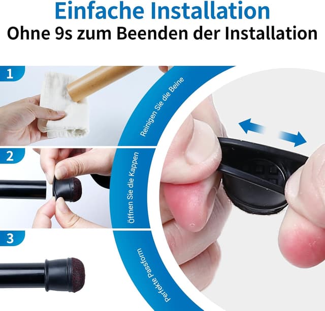 Detalle de Ezprotekt Stuhlbeinkappen aus Silikon (Ø 10–15 mm), schwarz, mit Filz – 16 Stück