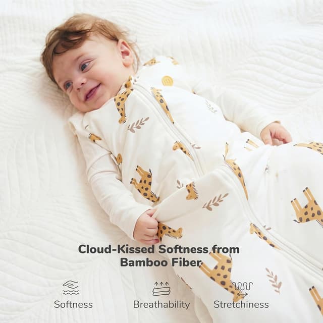 Detalle 2 de momcozy Baby Sleeping Bag (0–6 Months) 1.5 TOG Bamboo, Giraffe, Soft OEKO-TEX Fabric, Two-Way Zip