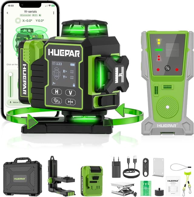 Detalle de Livella Laser Autolivellante 16 linee Huepar con ricevitore, Bluetooth e telecomando (verde, 360°)