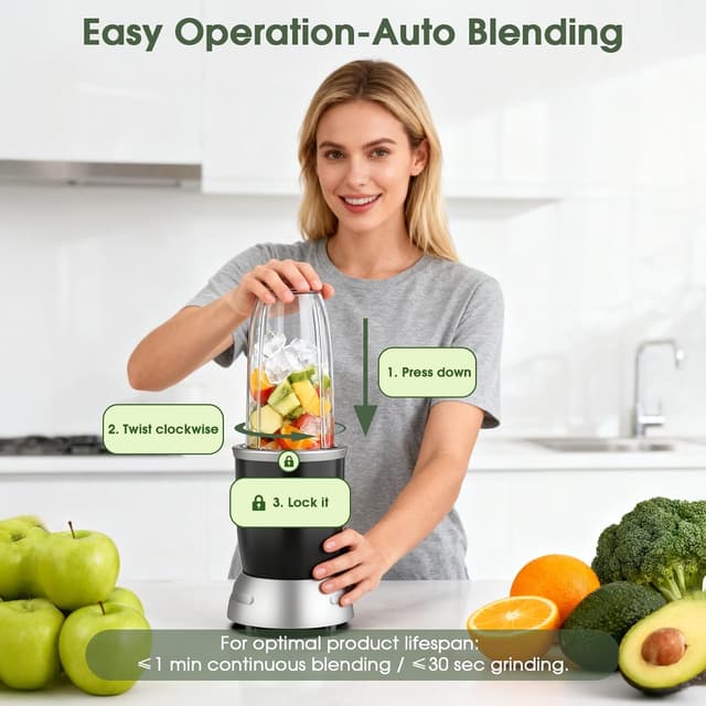 Detalle de Smoothie Blender 25,000 RPM Portable Blender Kit with 3 Personal Cups and Grinder Attachment