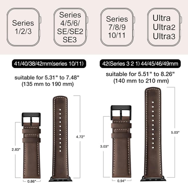 Detalle de Bracelet Apple Watch en cuir véritable WFEAGL (44/45/46/49 mm et 42 mm) pour Series/SE/Ultra, café ou noir