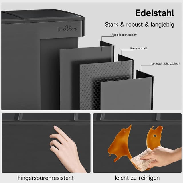 Detalle de mVm Küchen-Mülleimer 45 Liter mit 3 Fächern (3×15 Liter) und Softclose