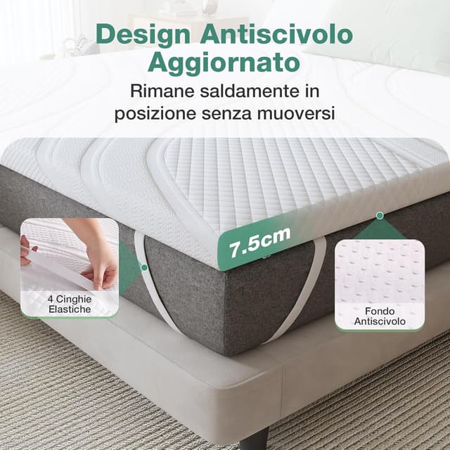 Detalle de Novilla Topper matrimoniale 160x200 in memory foam e schiuma di supporto, altezza 7,5 cm, rivestimento sfoderabile e lavabile