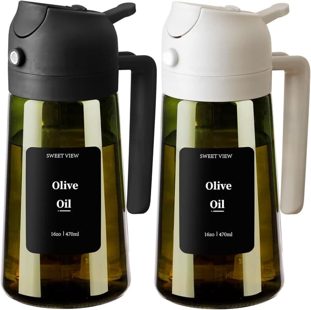 Detalle de SWEET VIEW Olivenölspender & Ölsprüher (470 ml) aus Glas – lichtdicht, anti-tropf, 2-in-1 für Küche, Airfryer, Salat & Grill