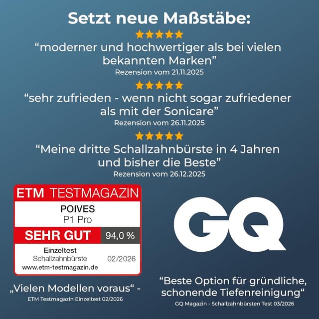 Detalle de POIVES P1 Pro Schallzahnbürste Midnight Blue – Drucksensor, 3 Modi, bis zu 110 Tage Akkulaufzeit