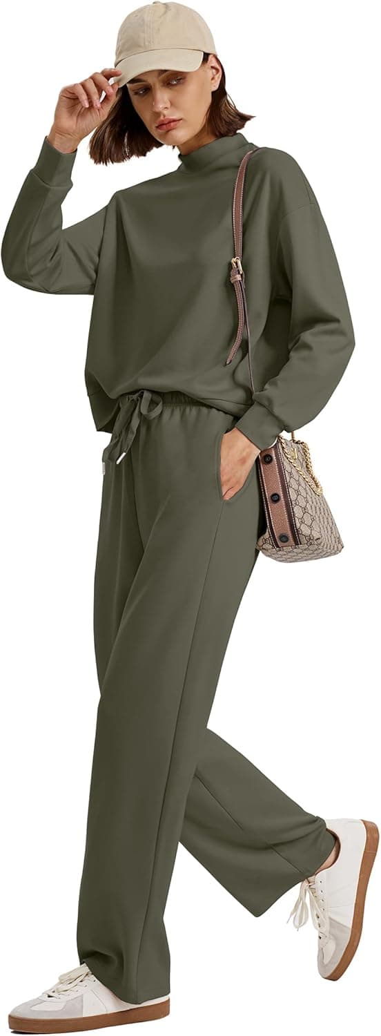 Detalle de WIHOLL Two-Piece Lounge Set for Women (Mock Neck Top + Wide-Leg Pants)