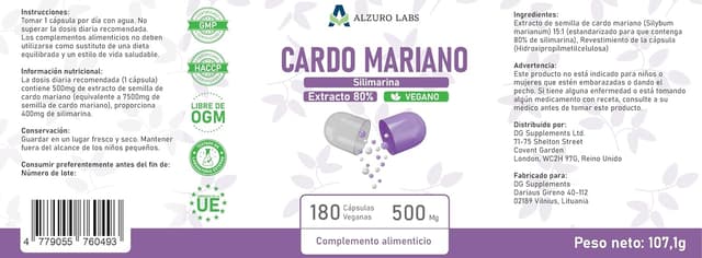 Thumbnail 6 de ALZURO LABS Chardon-Marie 80% silymarine (6 000 mg) – Extrait 15:1, 180 gélules végétales