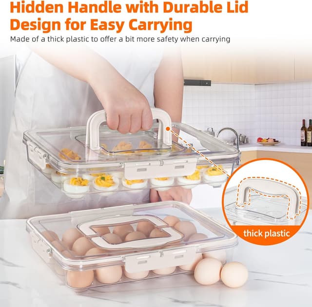 Detalle de MesRosa 2-Pack Deviled Egg Containers with Lid and Handle (Holds 48 Eggs) — Stackable Clear Plastic Carrier, White
