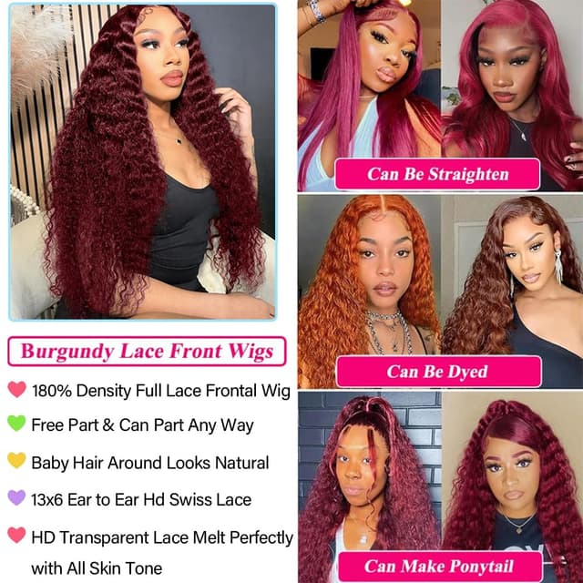 Detalle de KRKRYQ 28 Inch 99J Burgundy 13x6 Lace Front Deep Wave Human Hair Wig (180% Density)
