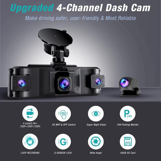 Detalle 2 de 4 Channel 2.5K Dash Cam 64GB with 170° Wide Angle