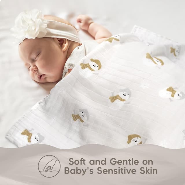 Detalle de Maliton Muslin Cloths for Baby (6-pack) 70x70cm cotton burp cloths – soft breathable muslins with snowman, reindeer & pine tree prints