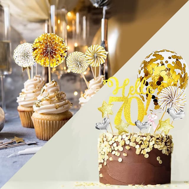 Detalle 2 de 24-teilige 70. Geburtstag Tortendeko-Set (Happy Birthday, Kerzen, Glitzerkarton-Topper, Party-Details) in Gold/Silber