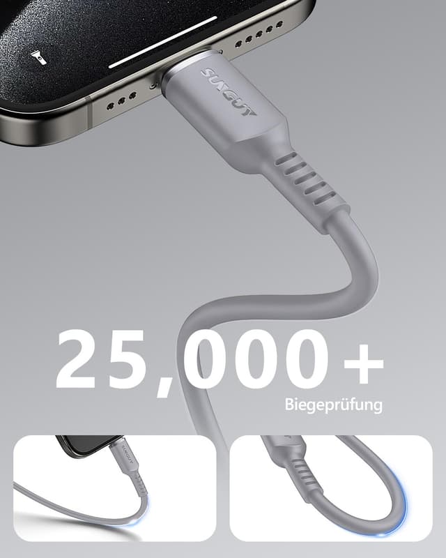Detalle 2 de SUNGUY USB‑C Kabel 2 m (2er‑Set) mit 100W Schnellladung, Silikon, E‑Marker – grau