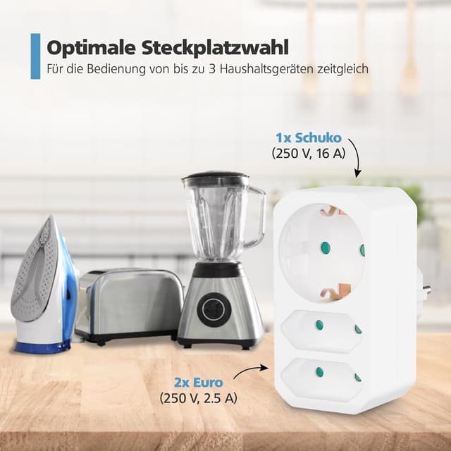 Detalle 2 de benon 2er-Set Mehrfachstecker Weiß – 2 Euro + 1 Schuko mit Kindersicherung (3680 W)