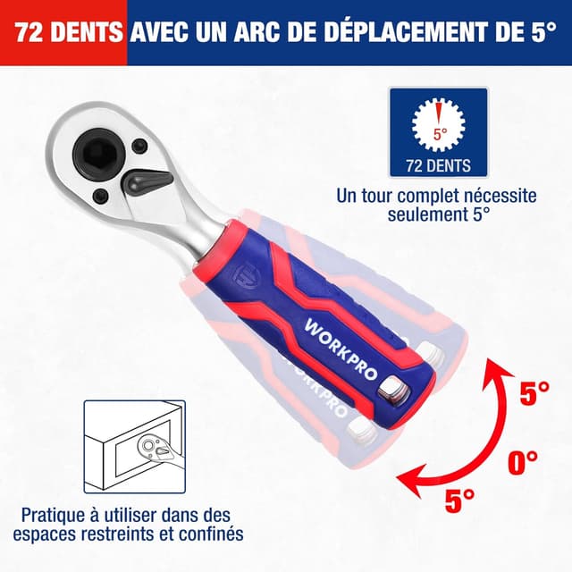 Detalle de WORKPRO Coffret de douilles et embouts 42 pièces, mini clé à cliquet 1/4" double tête 2-en-1