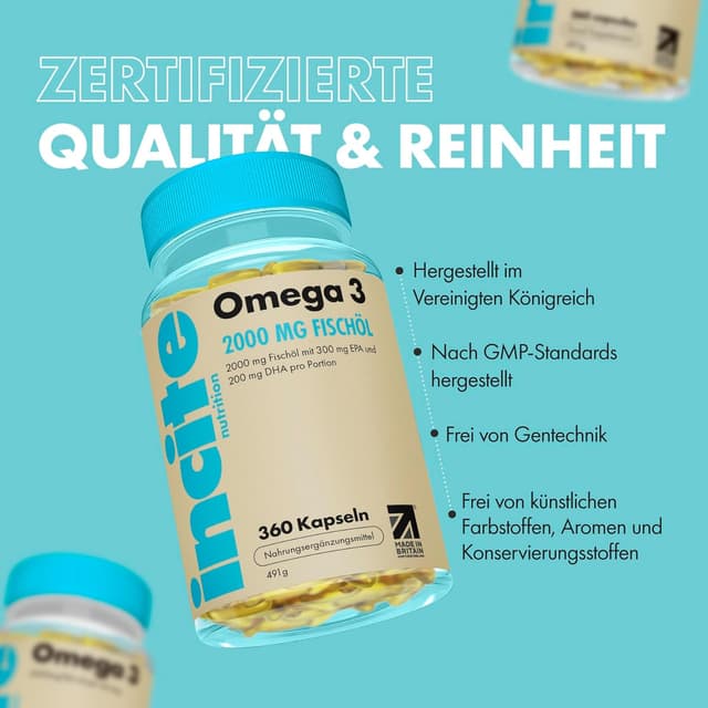 Detalle 2 de Incite Nutrition Omega 3 Fischöl-Kapseln 2000 mg (EPA & DHA) – 360 Softgel-Kapseln