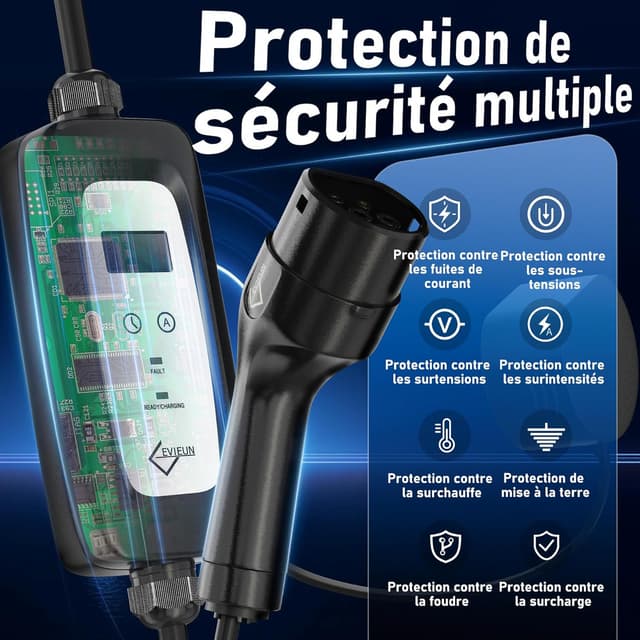 Detalle de EVIEUN Chargeur voiture électrique portable 3,6 kW (Type 2) 7 m, réglable 6/8/10/13/16 A avec écran LED