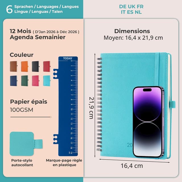 Detalle de IN-LUXPRO Agenda 2026 semainier A5 moyen (21,9 x 16,4 cm) à spirale, cuir PU bleu clair