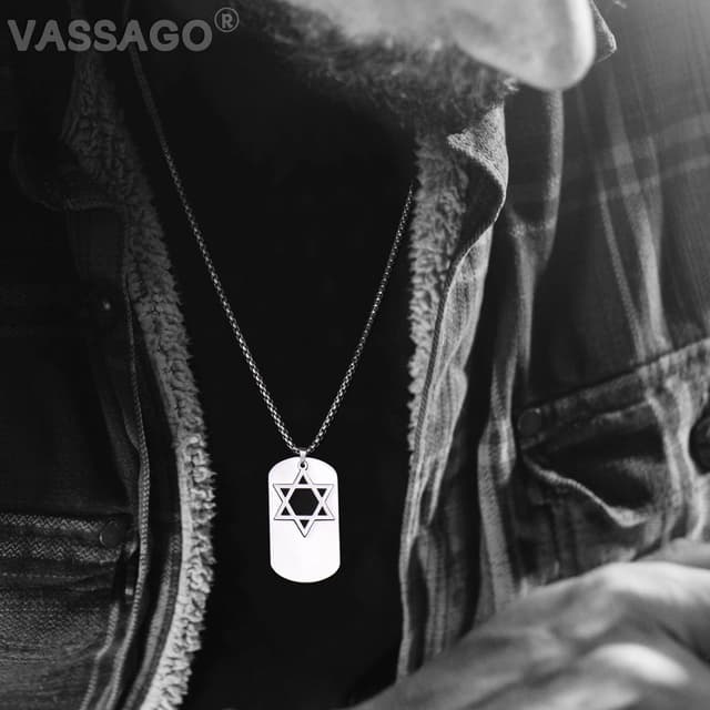 Detalle de VASSAGO Collier en acier inoxydable avec pendentif étoile de David réglable (2 couleurs) pour homme
