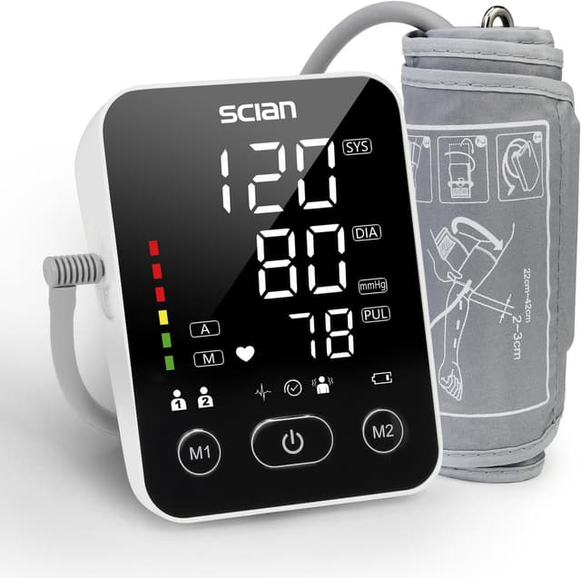 Detalle de Scian Oberarm-Blutdruckmessgerät für zuhause mit großer Manschette 22–42 cm und 2x100 Speicherplätzen