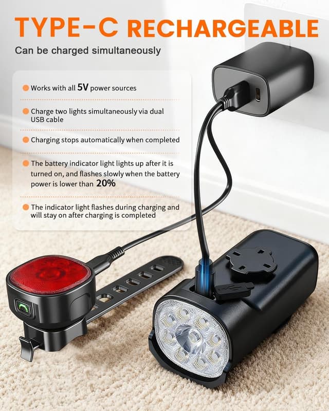 Detalle 2 de Maraiss Rechargeable Front & Back Bike Lights Set (9 LEDs) with IP65 Waterproof Rating